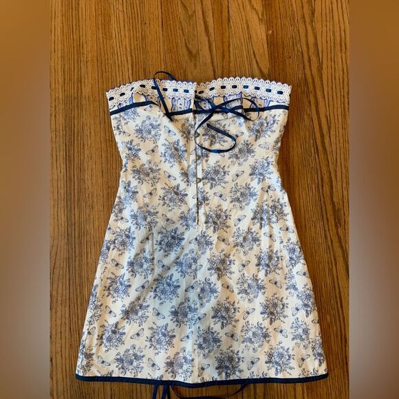With Jean Sabrin Toile Papillon Strapless Floral Blue White Mini Dress‎ medium - Picture 13 of 16